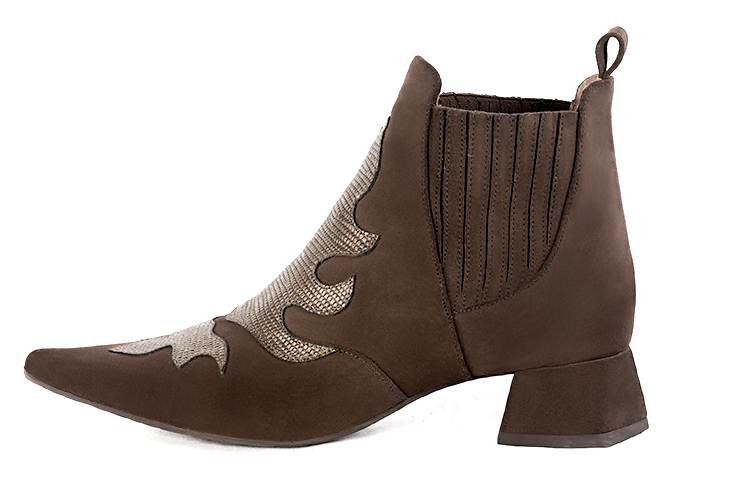 Chocolate brown and bronze beige women's ankle boots, with elastics. Pointed toe. Low flare heels. Profile view - Florence KOOIJMAN